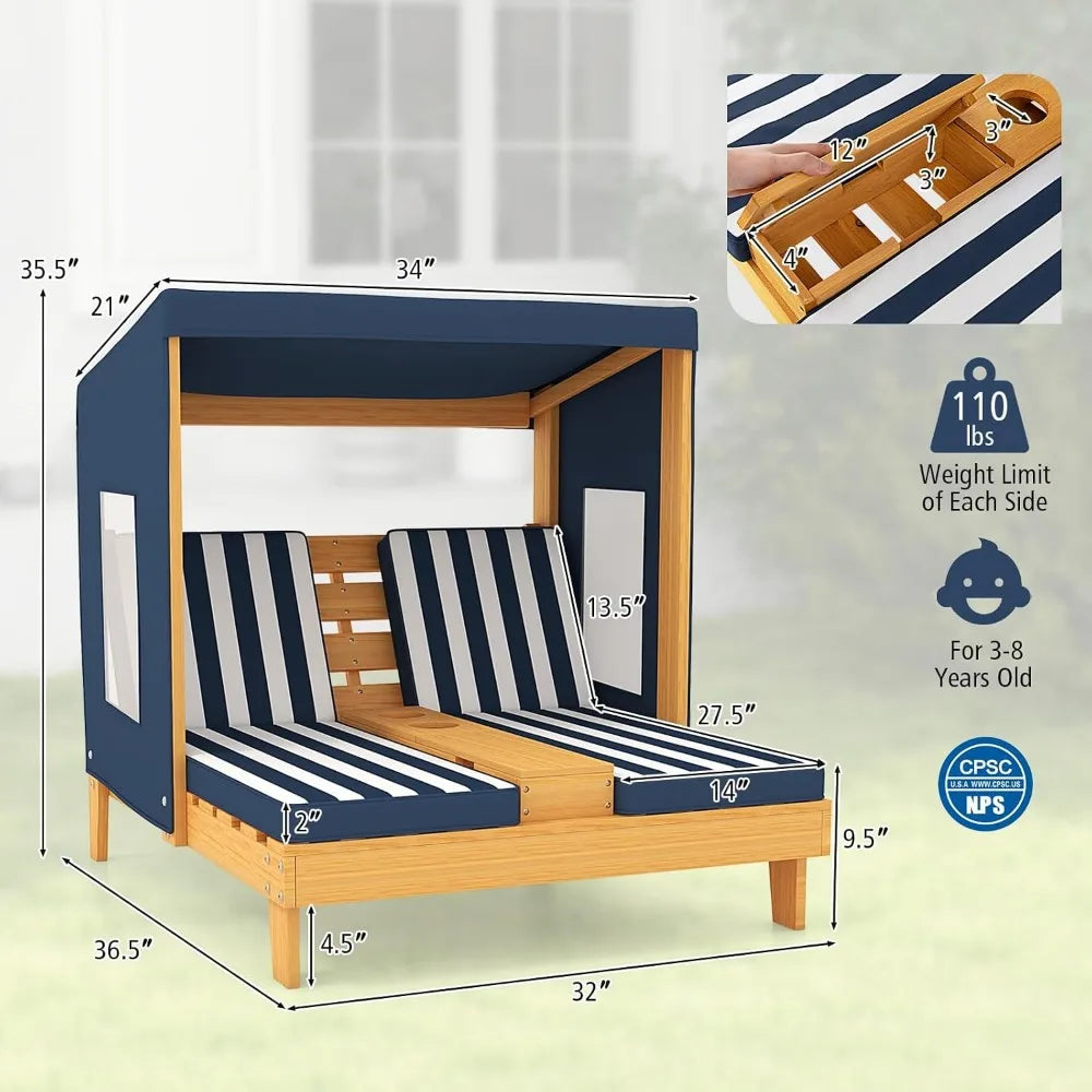 Children's Outdoor Double Pool Lounger Chairs with Canopy and Cushions, Suitable for Patio Backyards