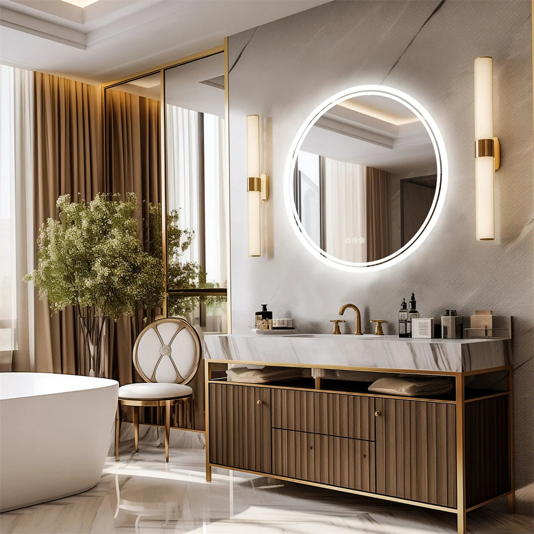 LUVODI Round Bathroom Mirror With Intelligent Dimmable Anti Fog LED