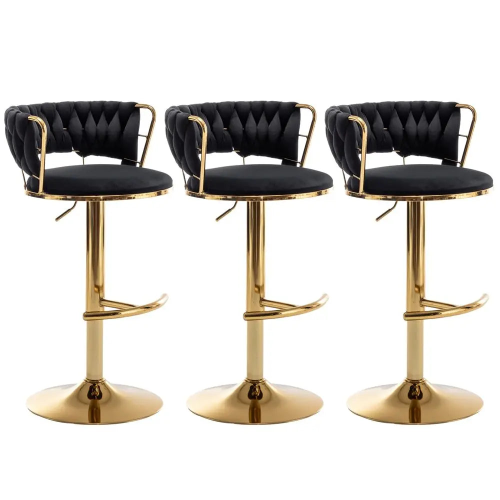 Velvet Bar Stools Set of 3, Counter Height Barstools with Low Back, Gold Swivel Bar Stool for Kitchen Island, Pub Black