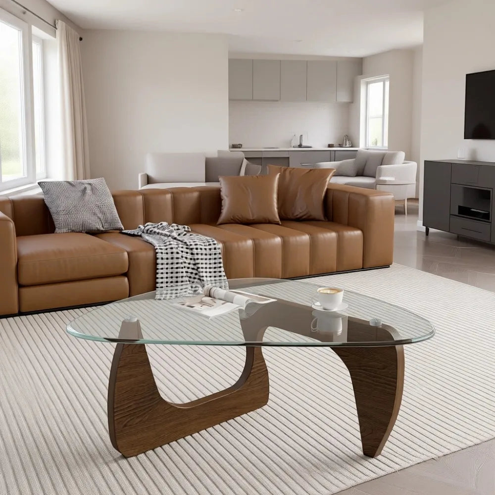 Triangle Glass Coffee Table with Wooden Base for Living Room and Office