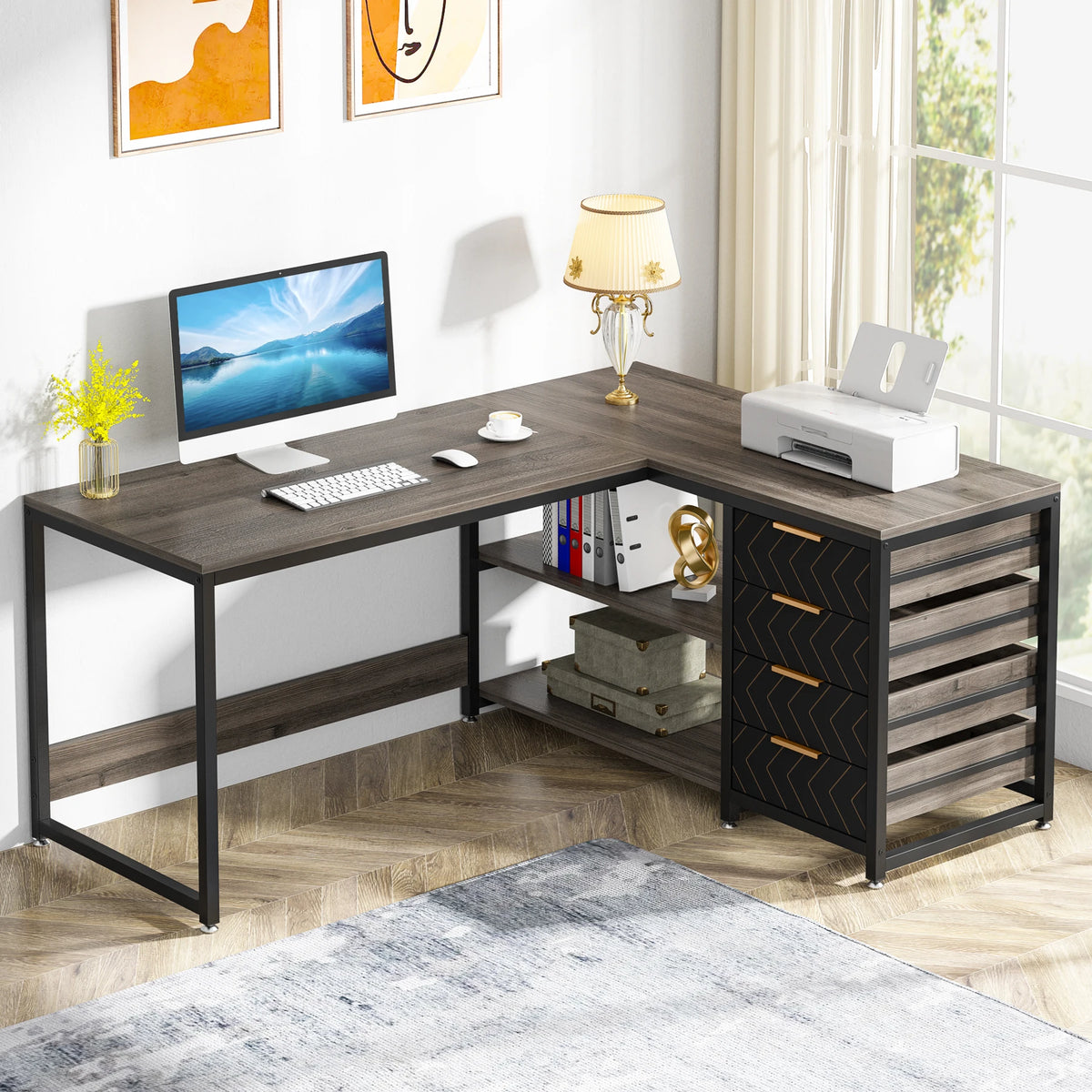 Tribesigns L Shaped Computer Desk With Drawers And Storage Shelves