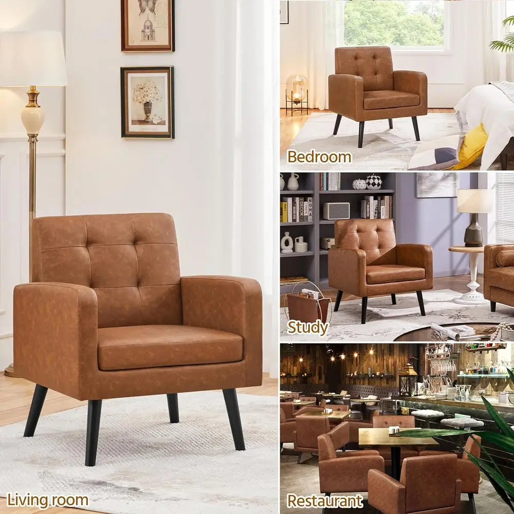 PU Leather Upholstered Armchair With Tufted Back And Wood Legs