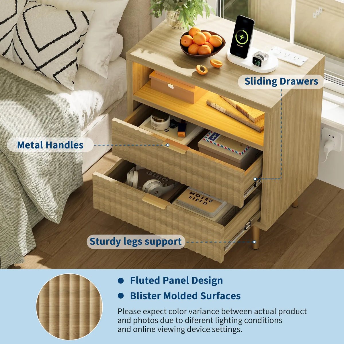 23.6 Inch Nightstand With Charging Station, RGB LED Light, 2 Drawers, Open Shelf, 3 AC Outlets And 2 USB Ports For Bedroom Dorm