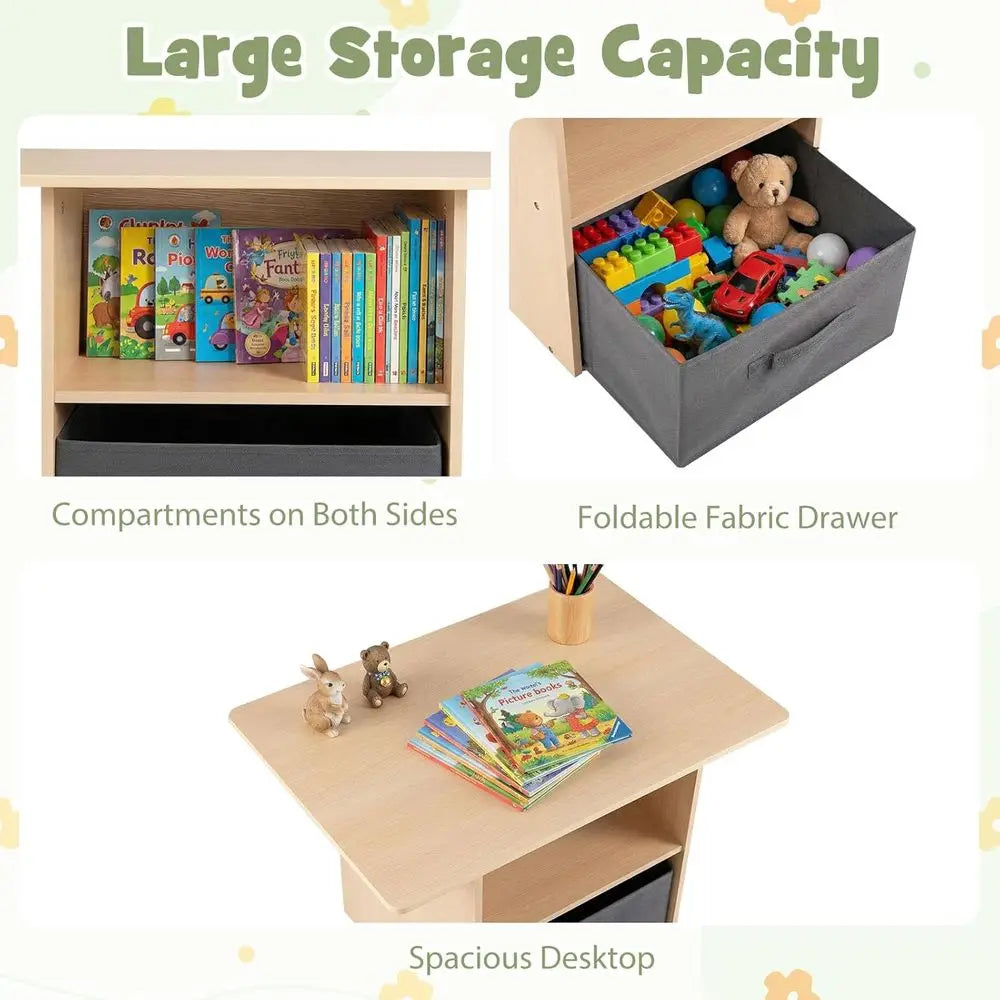 Wooden Kids Table and Chairs with abric Der | Toddler Activity Desk Set w/ 2 Open Comparents & Spacious Desktop, Indoor Children