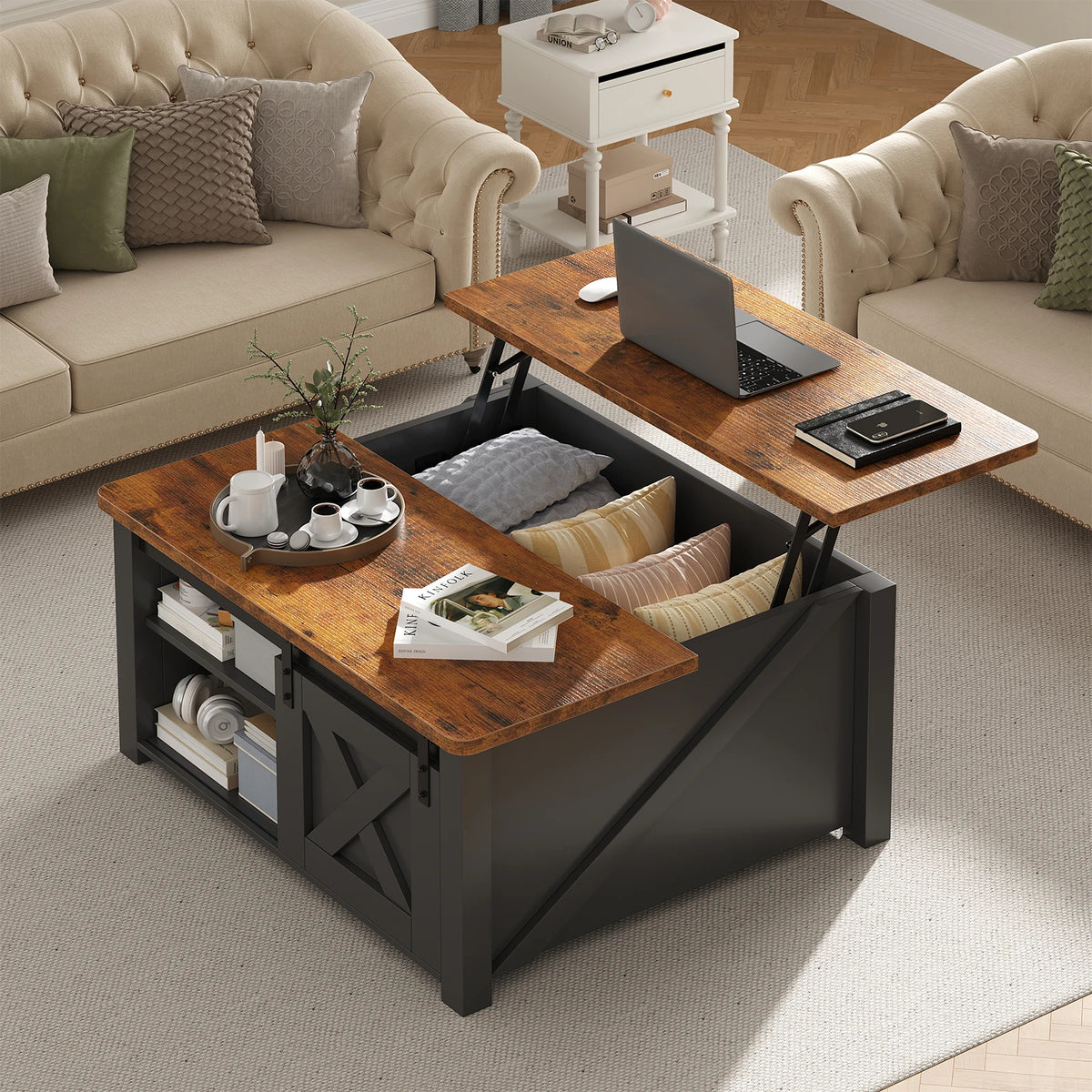 Mcq Wood Lift Top Square Coffee Table With Adjustable Storage