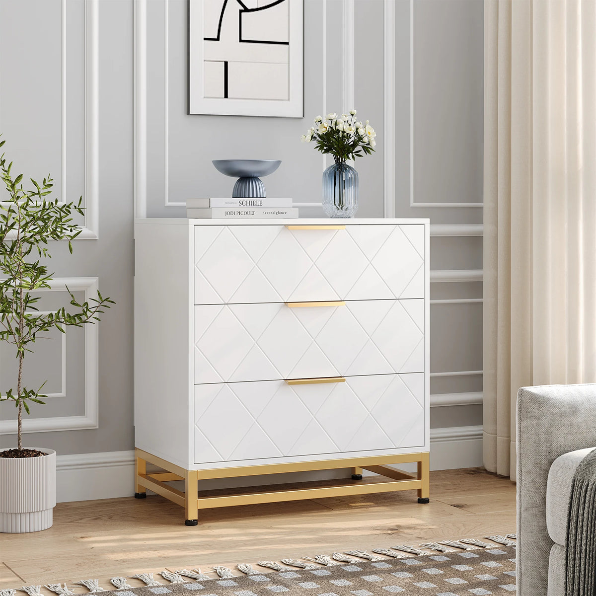 GAOMON Modern Three Drawer Dresser Chest For Bedroom Storage