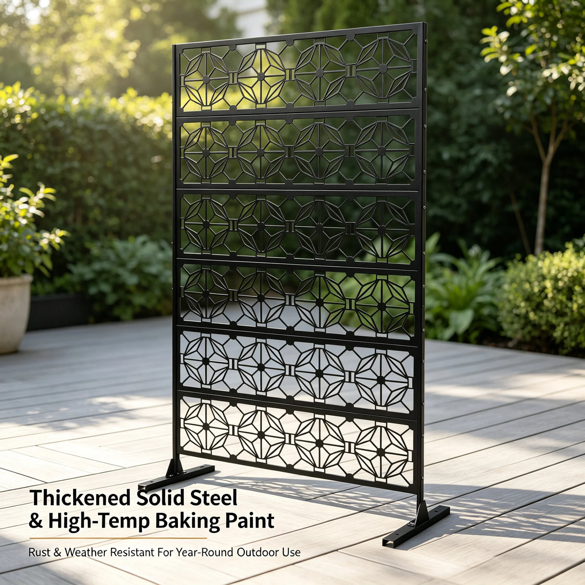 Outdoor Privacy Screen 113x181cm, Freestanding Metal Fence Panel with Flower Hollow Design, Decorative Room Divider for Patio Balcony Garden Deck, Black