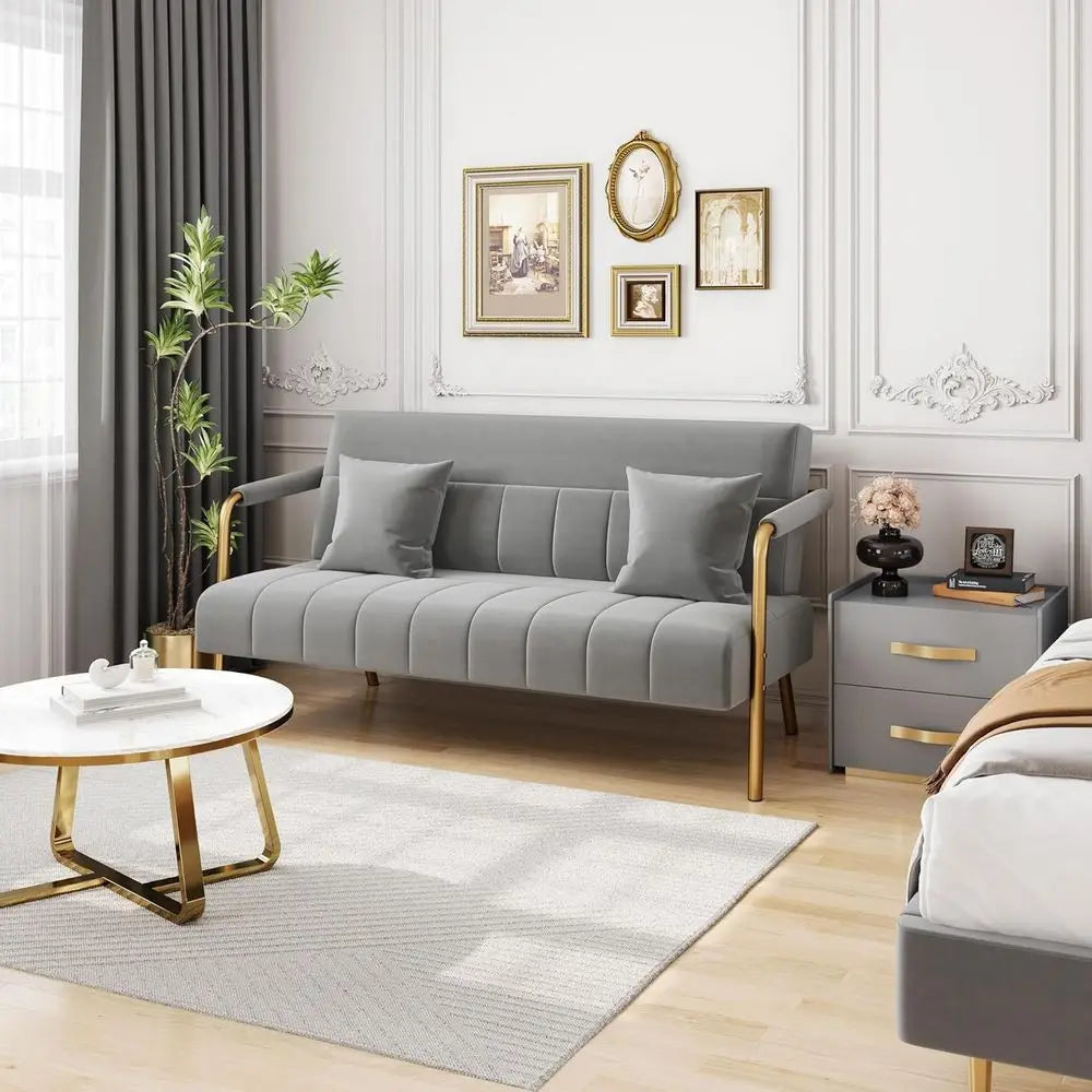 Velvet Loveseat Sofa With Gold Tone Metal Arms And Legs
