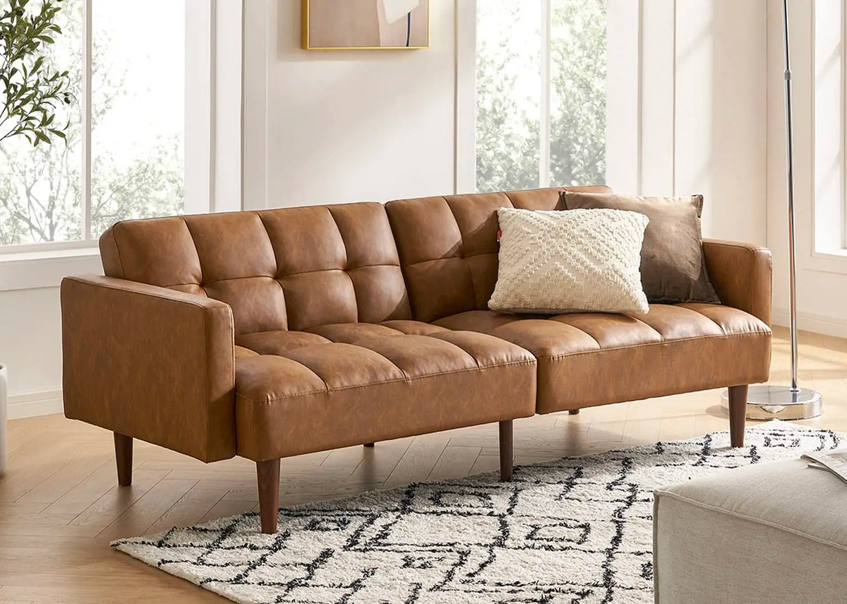 mopio 76.4" Mid Century Futon Sofa Bed PU Leather Loveseat Living Room Pecan Brown