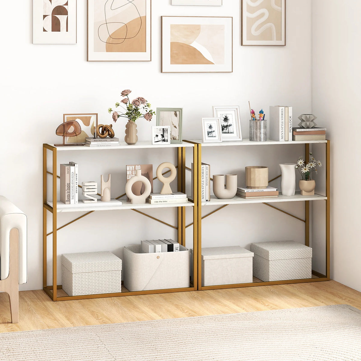 36” Console Table with Wooden Textured Open Shelves & Metal Frame for Hallway