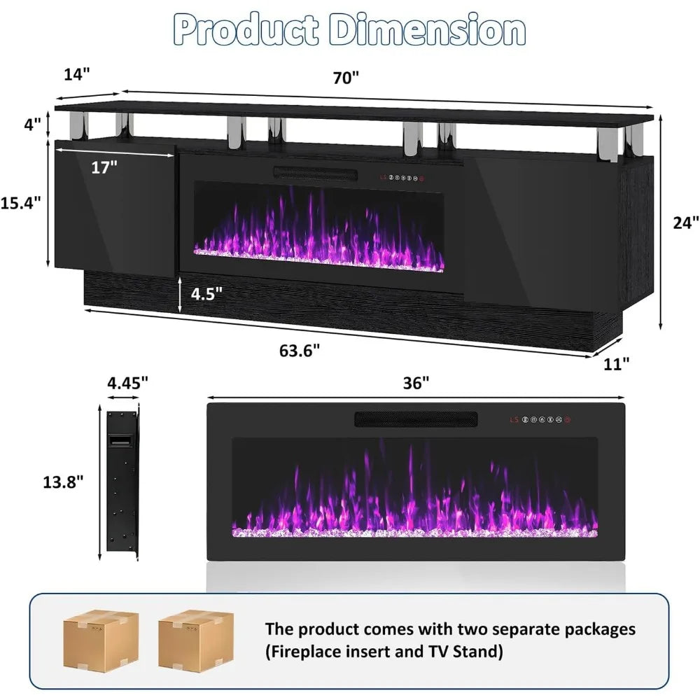 Modern Wood Electric Fireplace TV Stand Entertainment Center LED Lighting