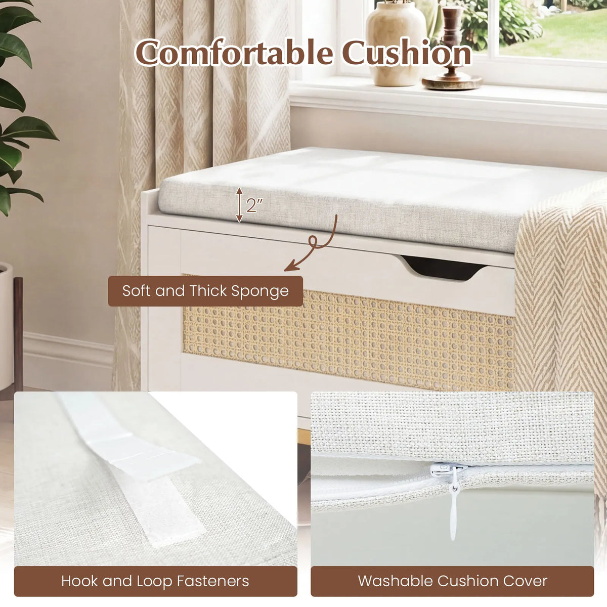 39. 5” Rattan Storage Chest w/ Padded Seat, Flip-Top and Safety Hinges for Bedroom