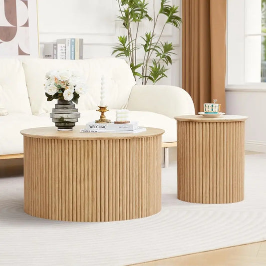 luted Round Nesting Coee Table Set o 2, Century ern Wood Coee Tables and End Table Set, Circle Side Table Minimalist Center Tabl