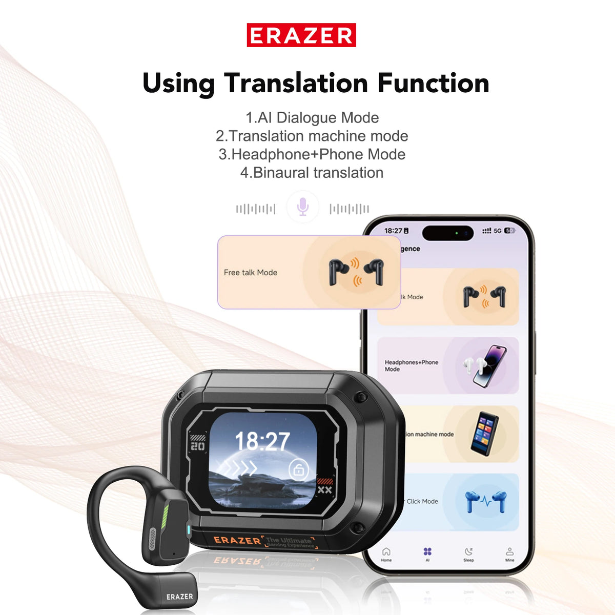 Headphones Bluetooth V6.0 ERAZER XP6 Ai Translator Wireless Earphones HD LCD Display Low latency Extremely Comfortable for Music