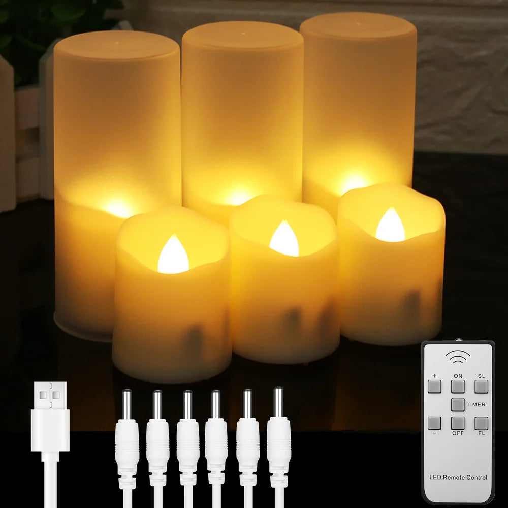 Rechargeable LED Candle Set With Timer Remote Flickering Flames USB