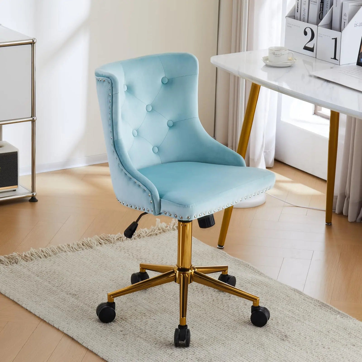 VINGLI Small Cute Green Velvet Office Desk Chair Gold Base Adjustable Swivel Armless Makeup Vanity Chair For Women Girls