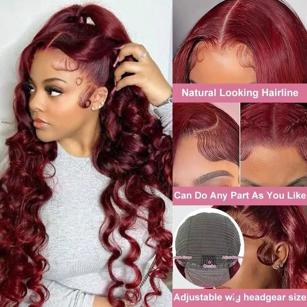 250% 13x4 HD Transparent 99J Burgundy Loose Wave Lace Front Wigs Deep Wave Frontal Wig Colored 99j Burgundy Deep Curly Lace Front Human Hair Wigs Preplucked For Women