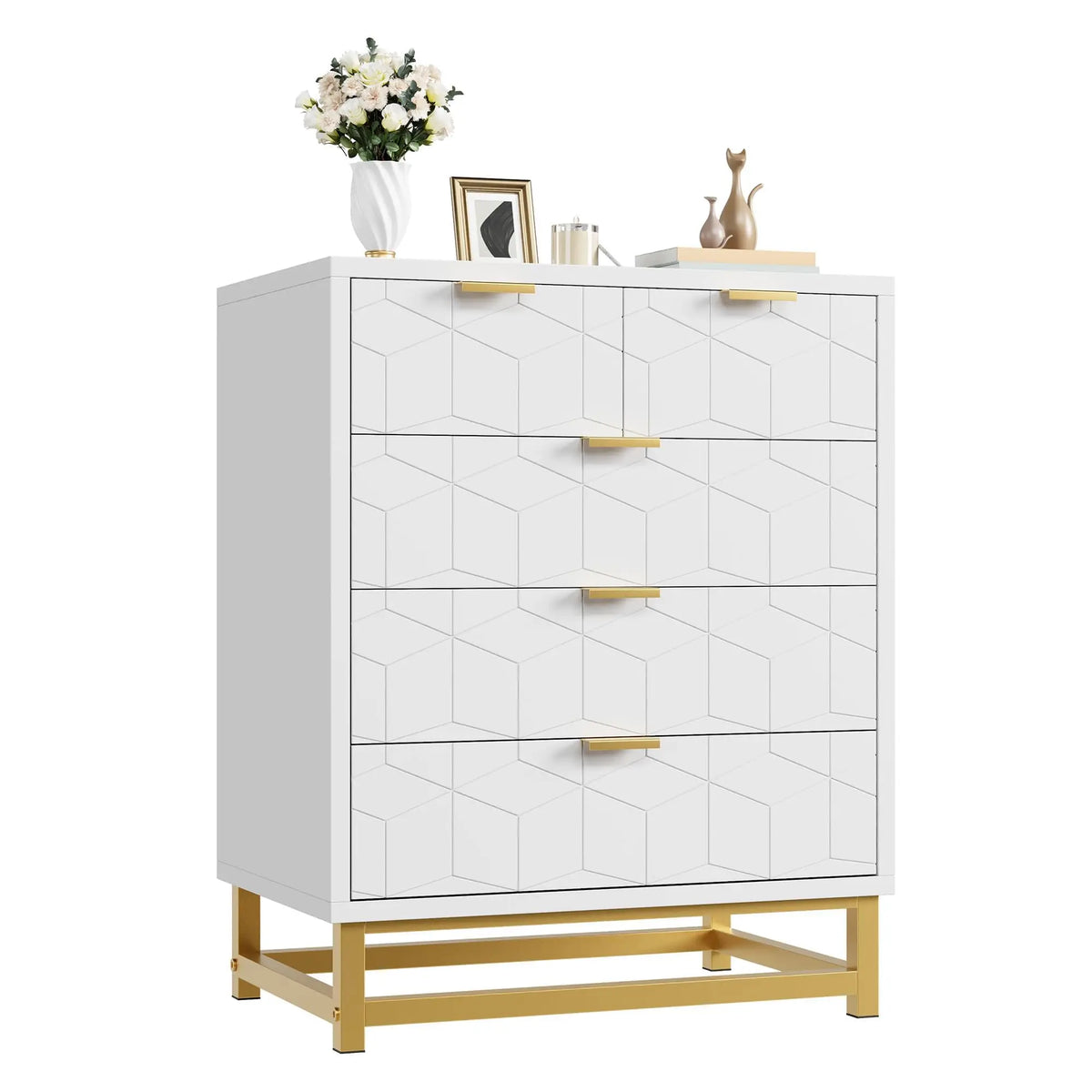 Modern Five Drawer Wood Dresser With Metal Base Storage Cabinet