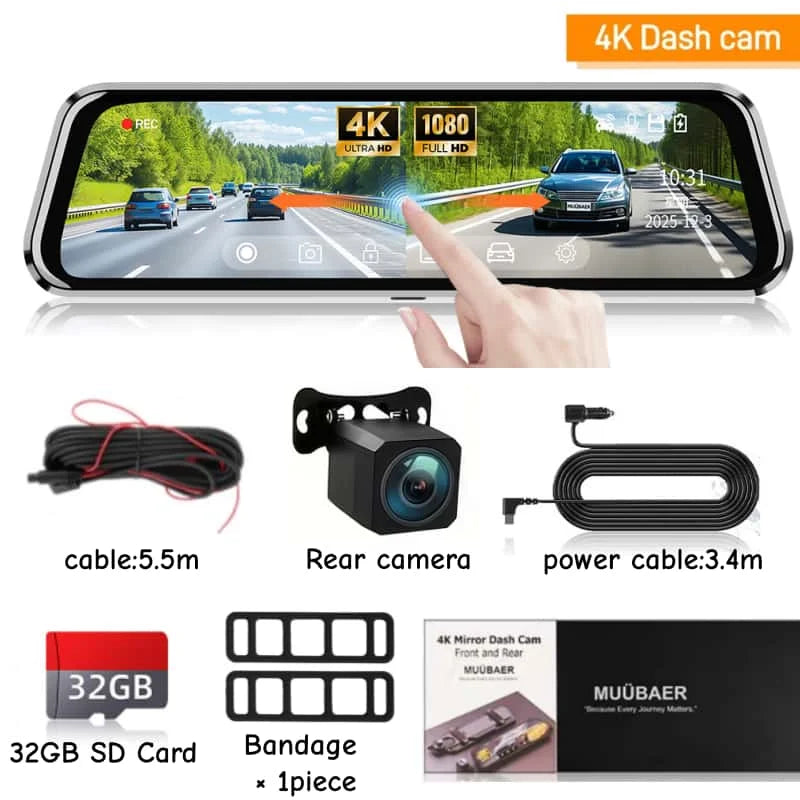 4K UHD Dual Dash Cam Front and Rear - 10" Touch Screen Mirror Camera with Night Vision, G-Sensor | 32GB SD Card Included (Gift)