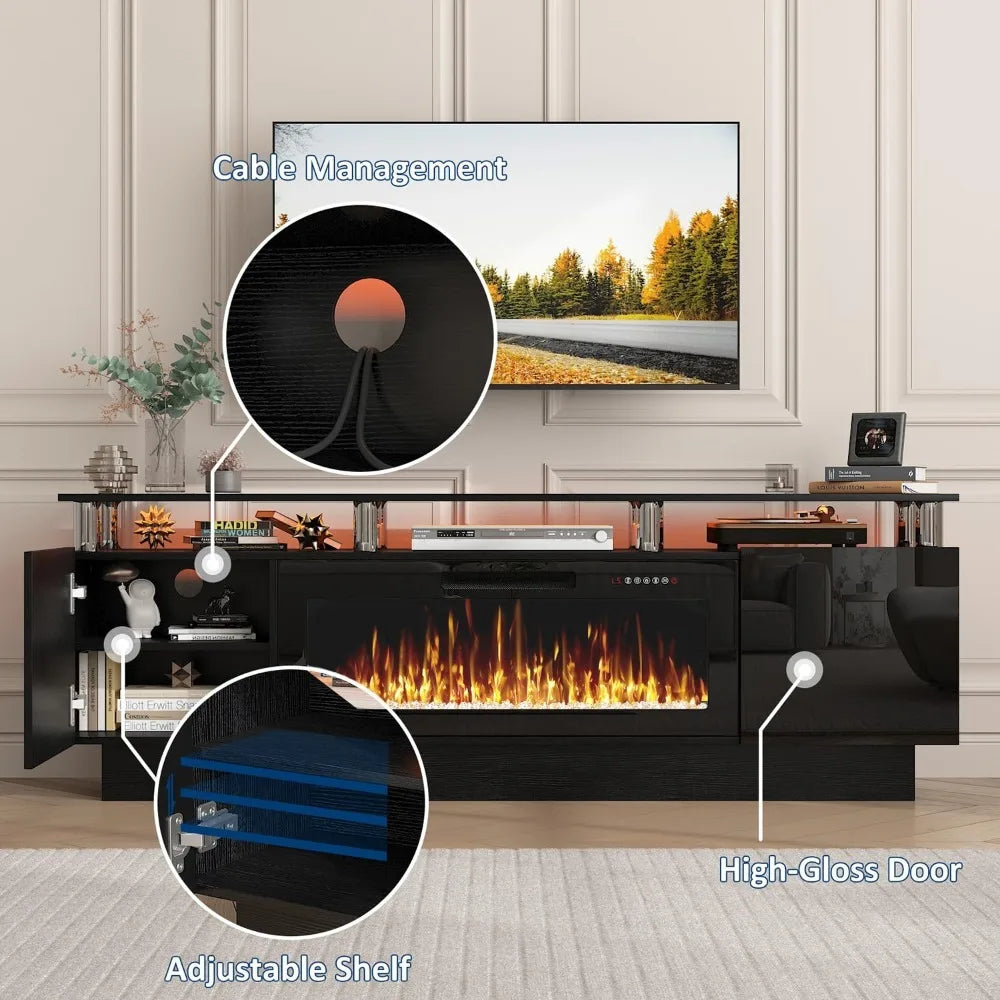 Modern Wood Electric Fireplace TV Stand Entertainment Center LED Lighting