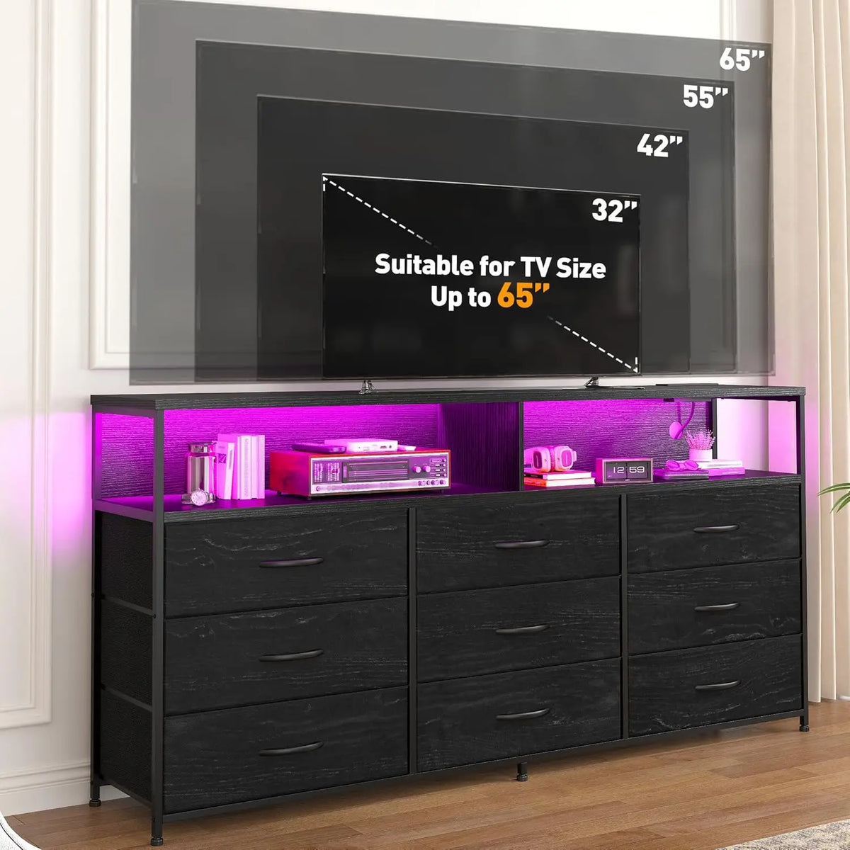 TV Stand Dresser With Charging Station And LED Nine Drawers