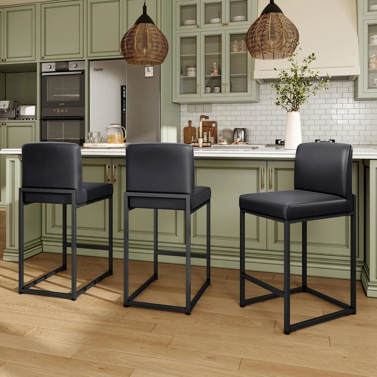 Bar Stool Set Of 3 With Back Faux Leather Upholstery