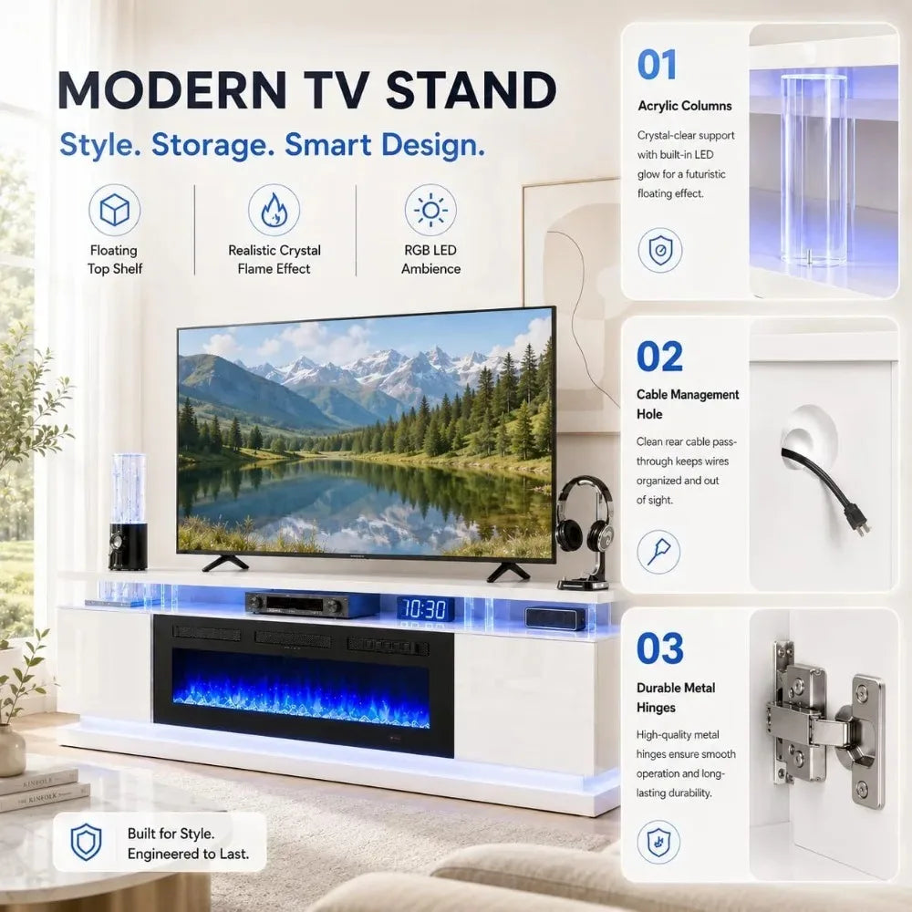 Electric Fireplace TV Stand With Storage And RGB LED Lighting