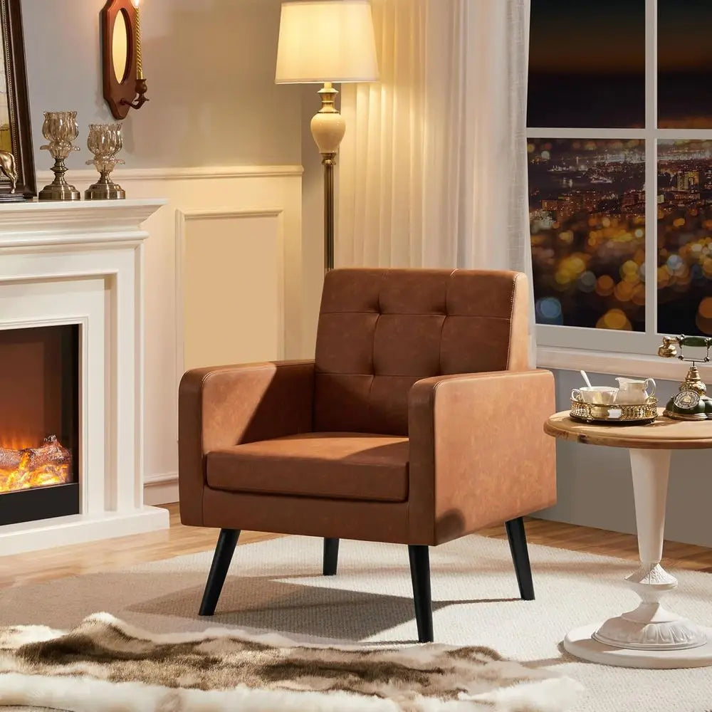 PU Leather Upholstered Armchair With Tufted Back And Wood Legs