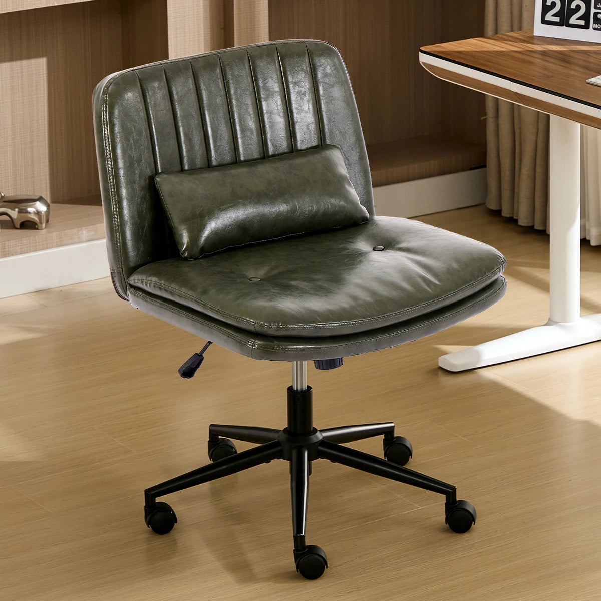 TCGBKAF Gray Criss Cross Chair Armless Desk Office with Wheels And Lumbar Pillow Adjustable Swivel Task Vanity Linen Chair