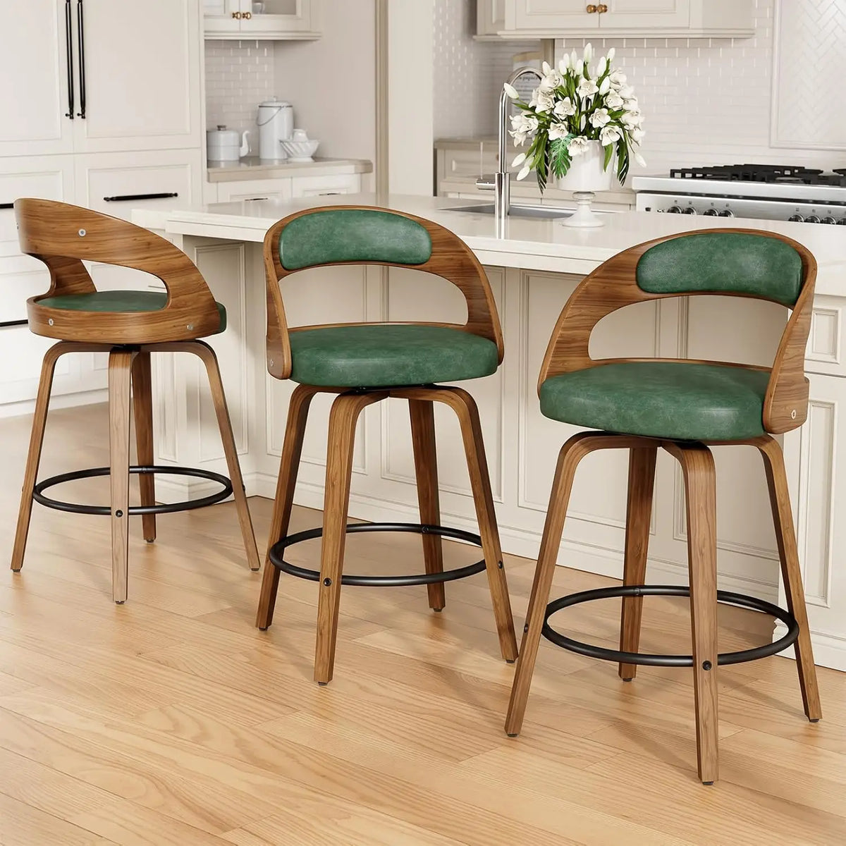 26in Bentwood Counter Stools Set 3 PU Leather Swivel Bar Chair with Back Footrest Kitchen Cafe Dining, Custom