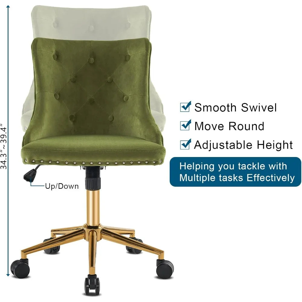 VINGLI Small Cute Green Velvet Office Desk Chair Gold Base Adjustable Swivel Armless Makeup Vanity Chair For Women Girls