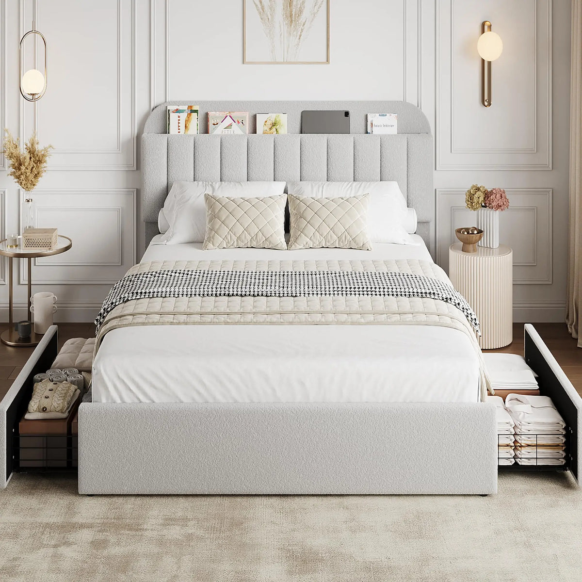 GAOMON Upholstered Bed With Headboard, Storage Drawers And Display Shelf