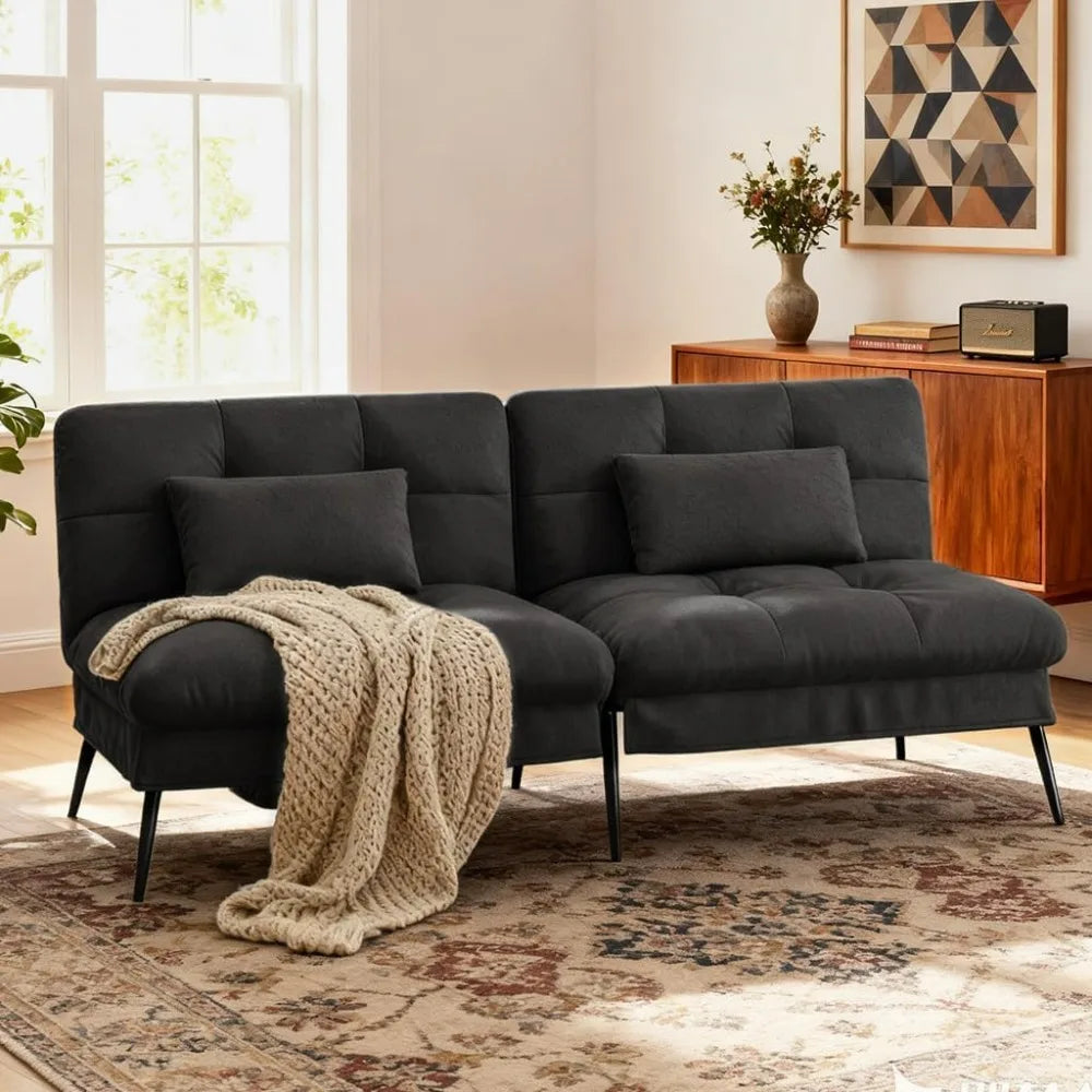 72 Inch COMHOMA Futon Sofa Bed - Fabric Convertible Couch Adjustable Backrest Folding Sleeper Recliner for Living Room Black