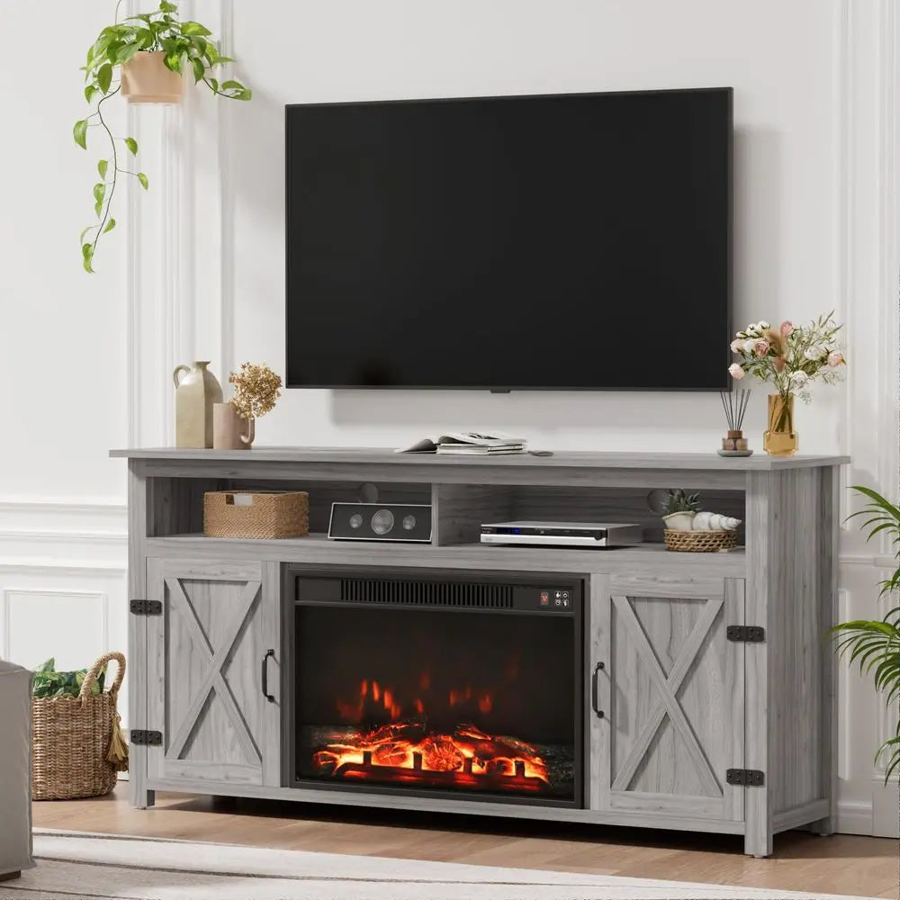 XMSJ Farmhouse Fireplace TV Stand with Open Storage and Cabinets