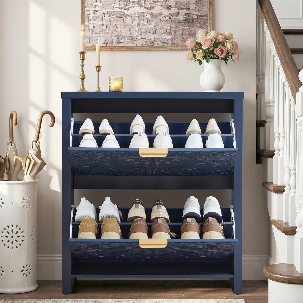 Narrow Flip Drawer Shoe Cabinet for Entryway Storage, Slim 2-Tier Shoe Organizer for Hallway Foyer