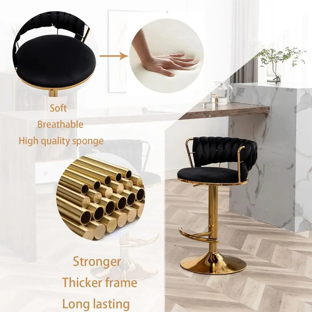 Velvet Bar Stools Set of 3, Counter Height Barstools with Low Back, Gold Swivel Bar Stool for Kitchen Island, Pub Black