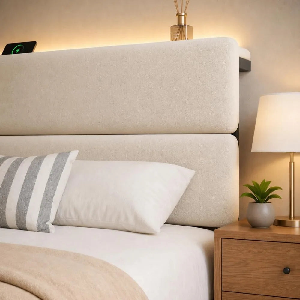 Upholstered Metal Bed Frame With Storage Drawers Led Headboard Lighting