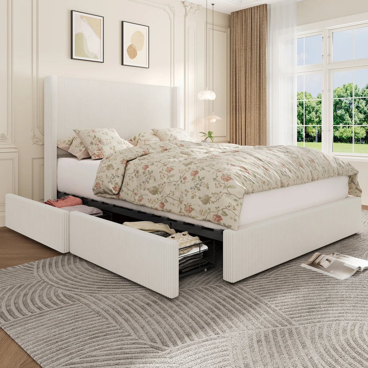 GAOMON Upholstered Storage Platform Bed With Drawers And Wingback Headboard