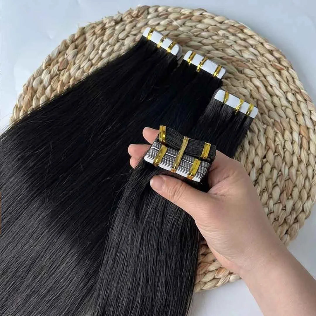 100% Human Hair Tape In Extensions 20 Inch Invisible Seamless PU Skin Weft No Weft Raw Hair Extensions Natural Black Color Adhesive Tape Ins Hair Extension For Women