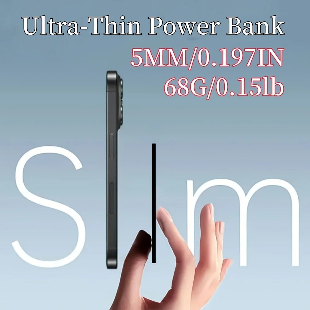 10000/5000mAh magnetic power bank, ultra-thin mini power bank, portable charger, supports fast charging, comes with data cable, available in black, white, and blue.