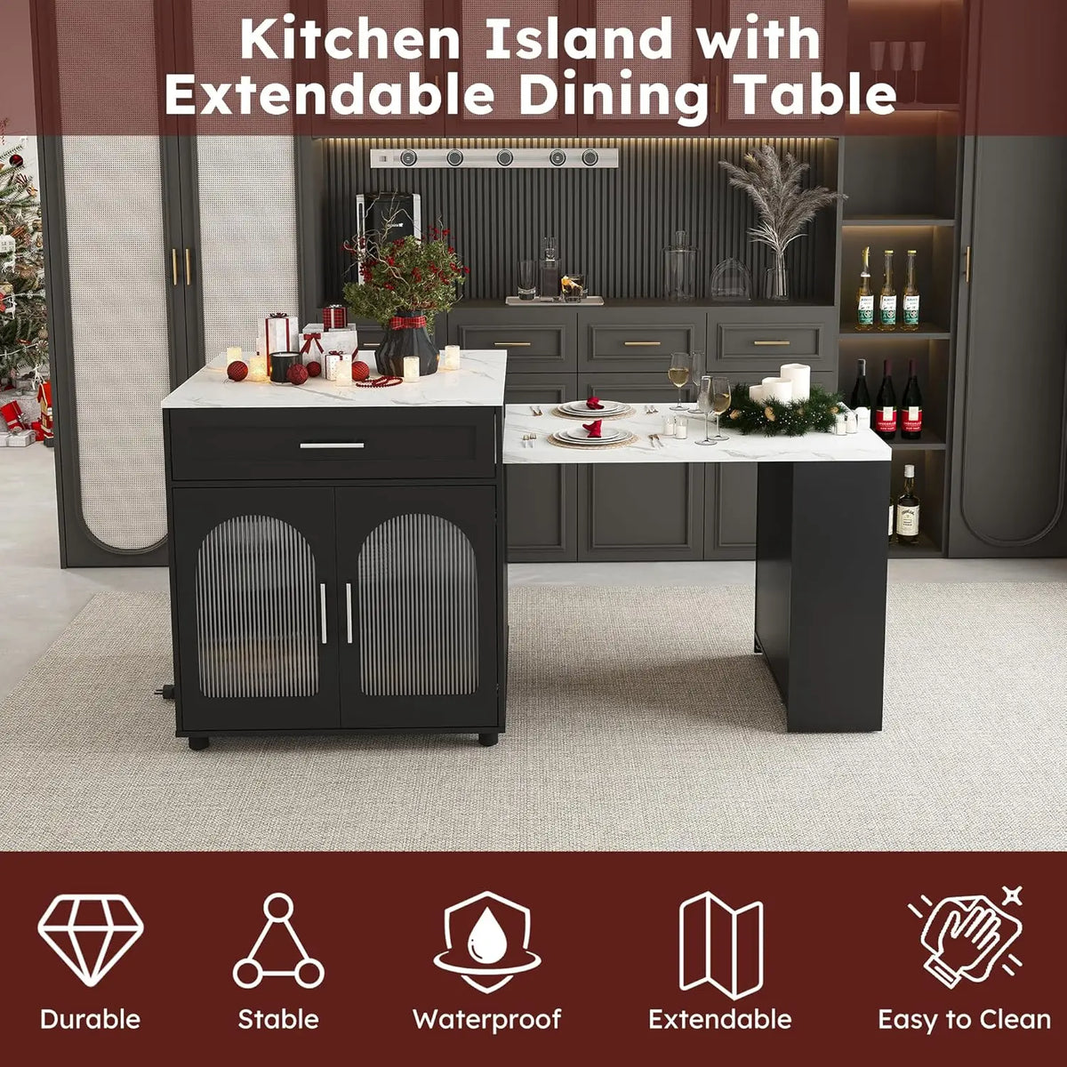 Expandable Kitchen Island Cart With Usb Ports And Power Outlet