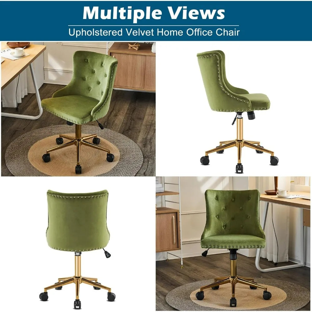 VINGLI Small Cute Green Velvet Office Desk Chair Gold Base Adjustable Swivel Armless Makeup Vanity Chair For Women Girls