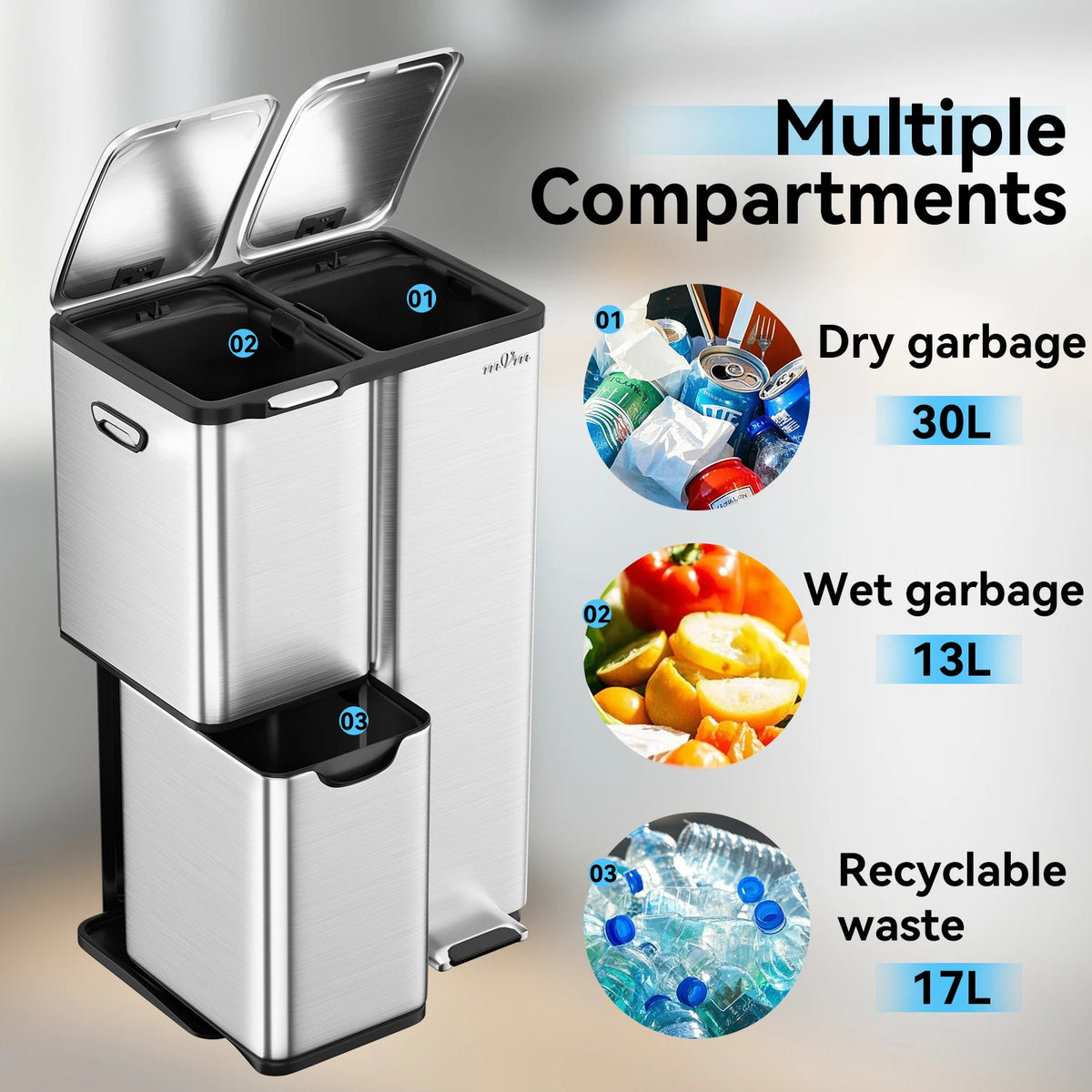 mVm Three Compartment Stainless Steel Recycling Trash Can