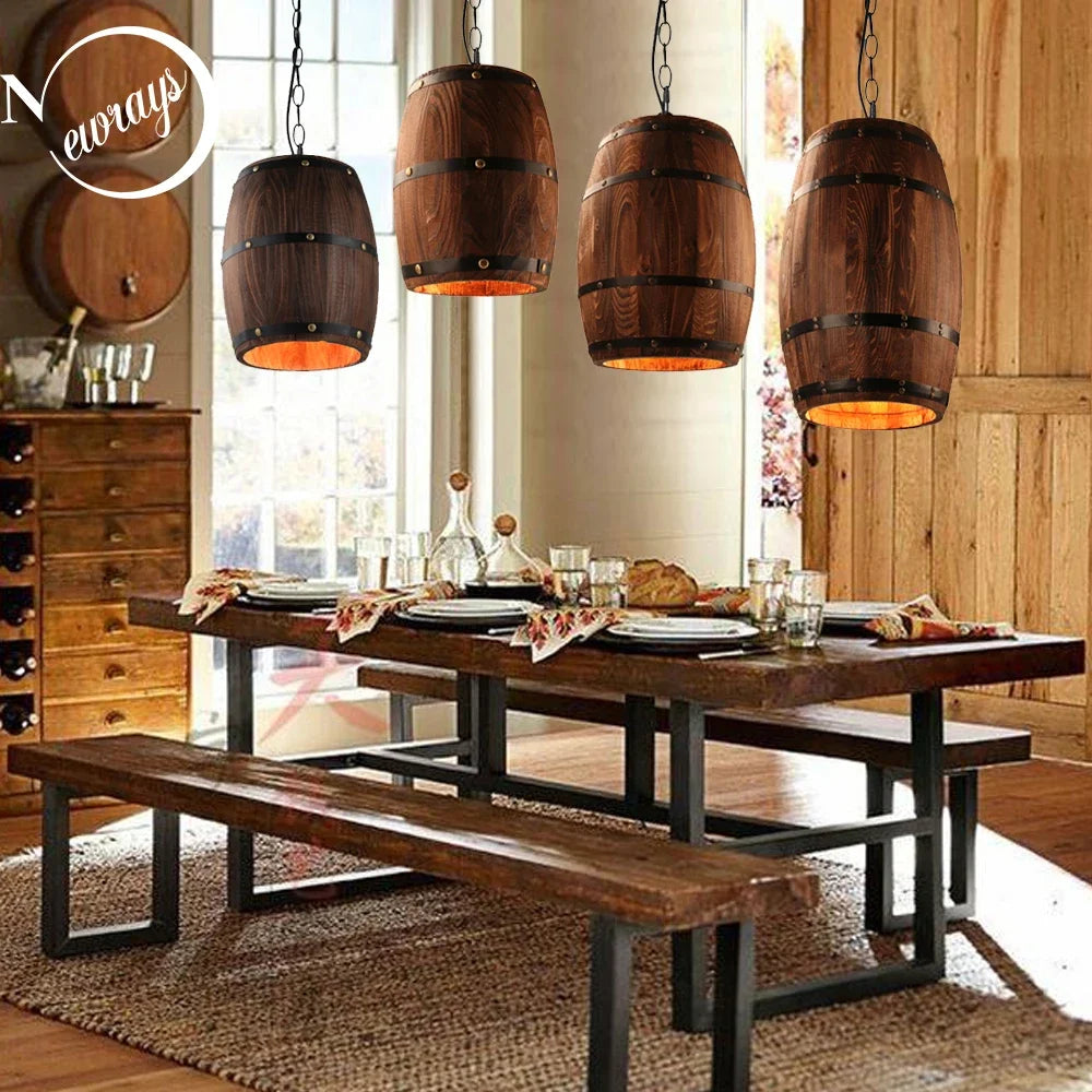 Retro Wood Wine Barrel Pendant Light For Dining Room