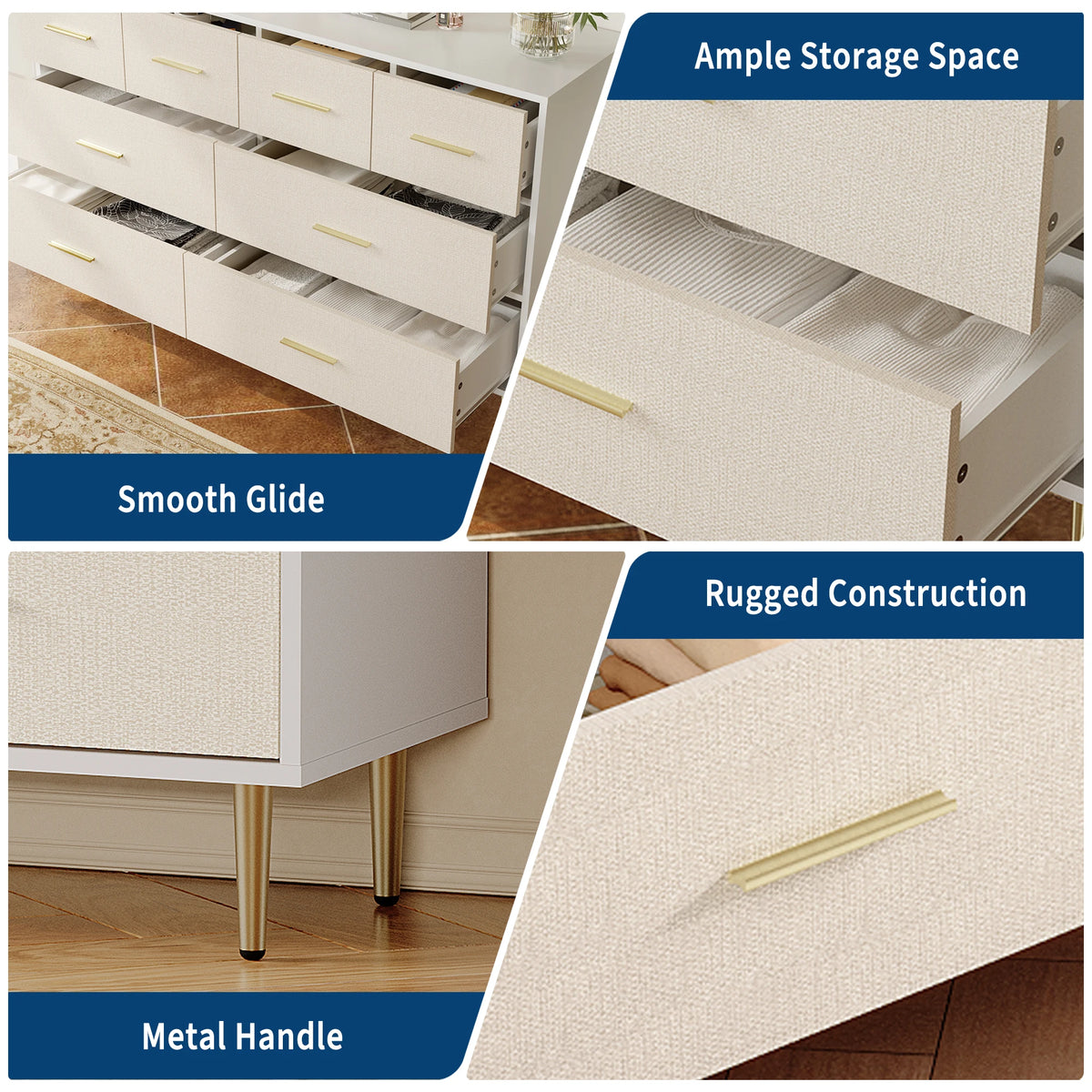 Modern Six Drawer Dresser With Gold Metal Legs and Handles