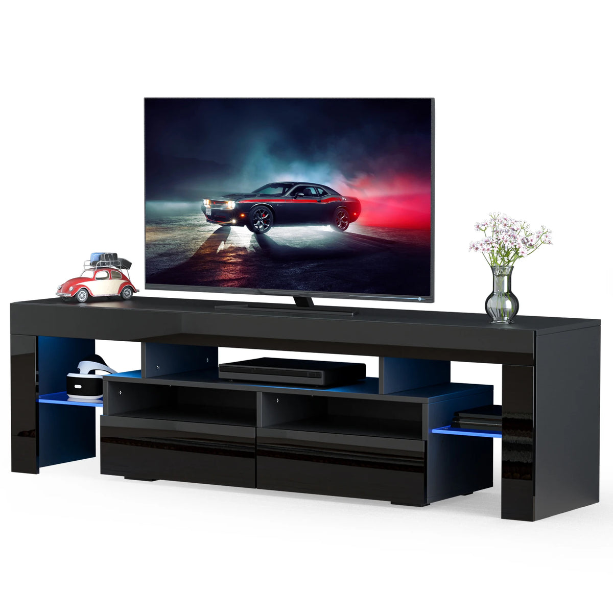 QiaoShiRen 71 Inch Modern Black LED TV Stand With Storage