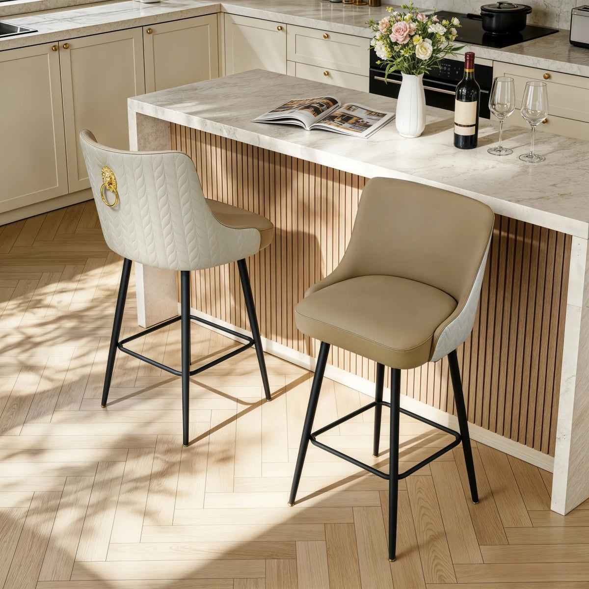 Swivel Bar Stool With Leather Upholstery High Back And Footrest