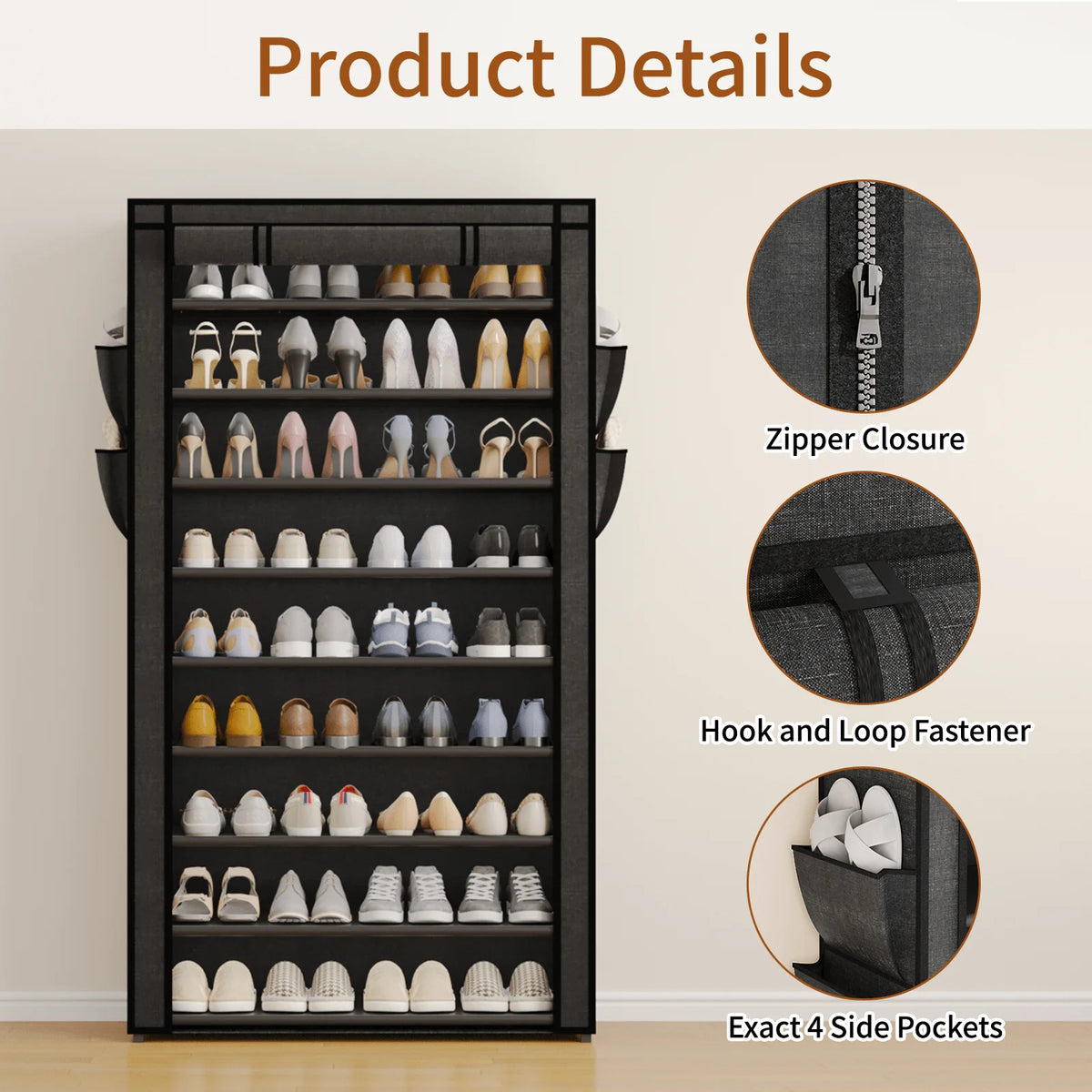 10-Tier Shoe Rack Organizer, 50+ Pairs Tall Dustproof Shoe Storage Cabinet, Multi-Functional Standing Shelf for Entryway Closet Dormitory, Easy Assembly Space Saver Black/Grey