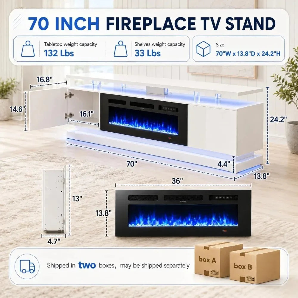 Electric Fireplace TV Stand With Storage And RGB LED Lighting