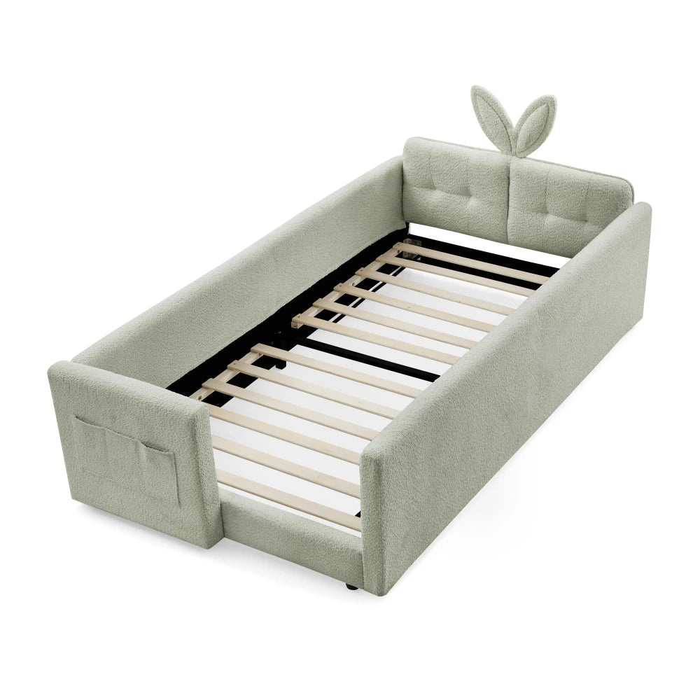 Rabbit Ear Upholstered Platform Bed With Safety Rail And Pocket